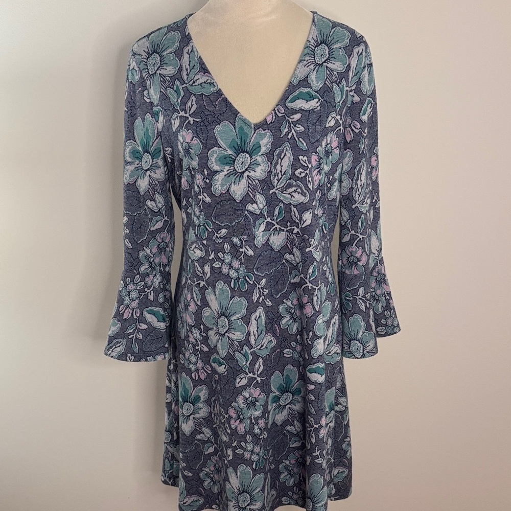 Anthropologie Blue and Gray Floral Long Sleeve Dress